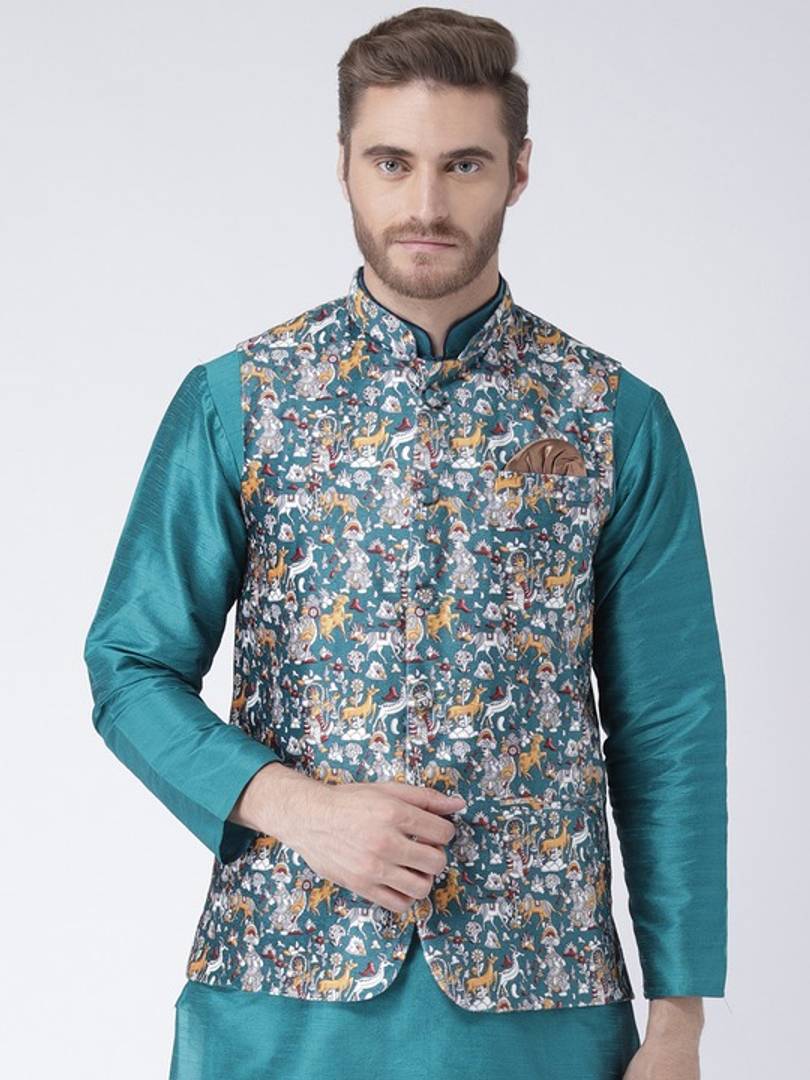 Men's Multicoloured 
Cotton Blend
 Printed Nehru Jackets